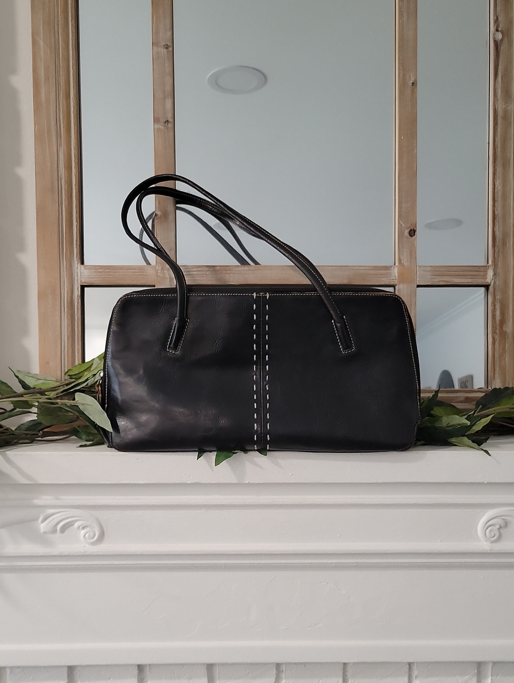 Y2k Wilsons Studio Pelle Studio Black Leather Shoulder Bag with Cream Stiching